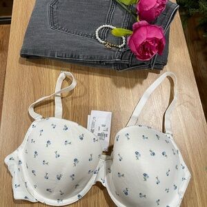Primark White Bra with Blue Floral Design